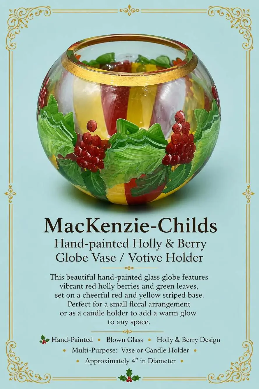 MacKenzie-Childs Hand-Painted Holly & Berry Glass Globe Vase/Votive Holder